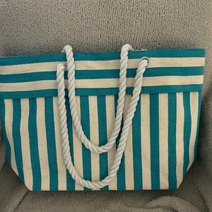 Nordstrom Striped Turquoise and White Straw Tote Bag